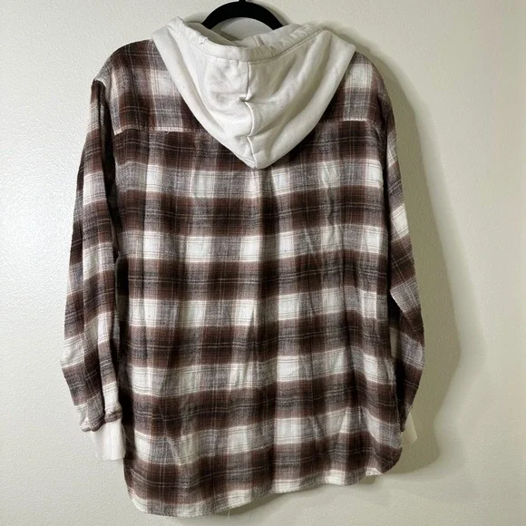 Y2K American Eagle Outfitters Flannel Plaid Button Up Hoodie Shirt Brown White M - Picture 6 of 8